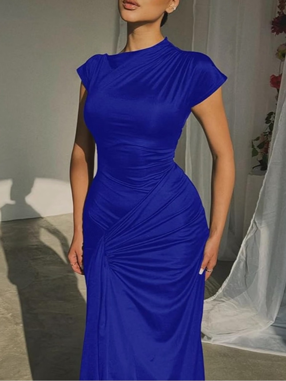 Elegant Royal Blue Ruched Maxi Dress - Brand